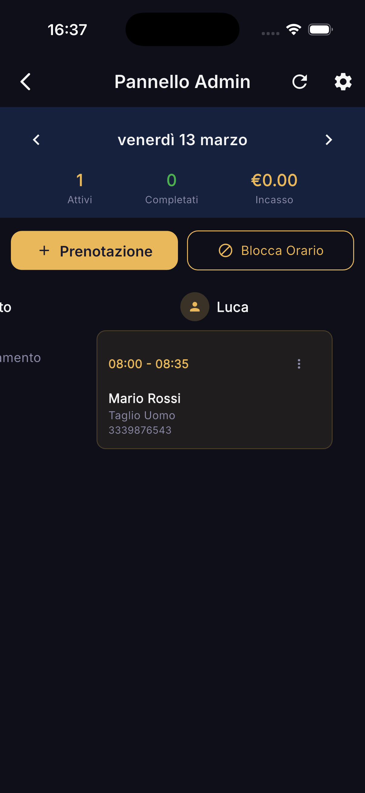 Gestionale barberia - pannello admin con agenda giornaliera e incassi