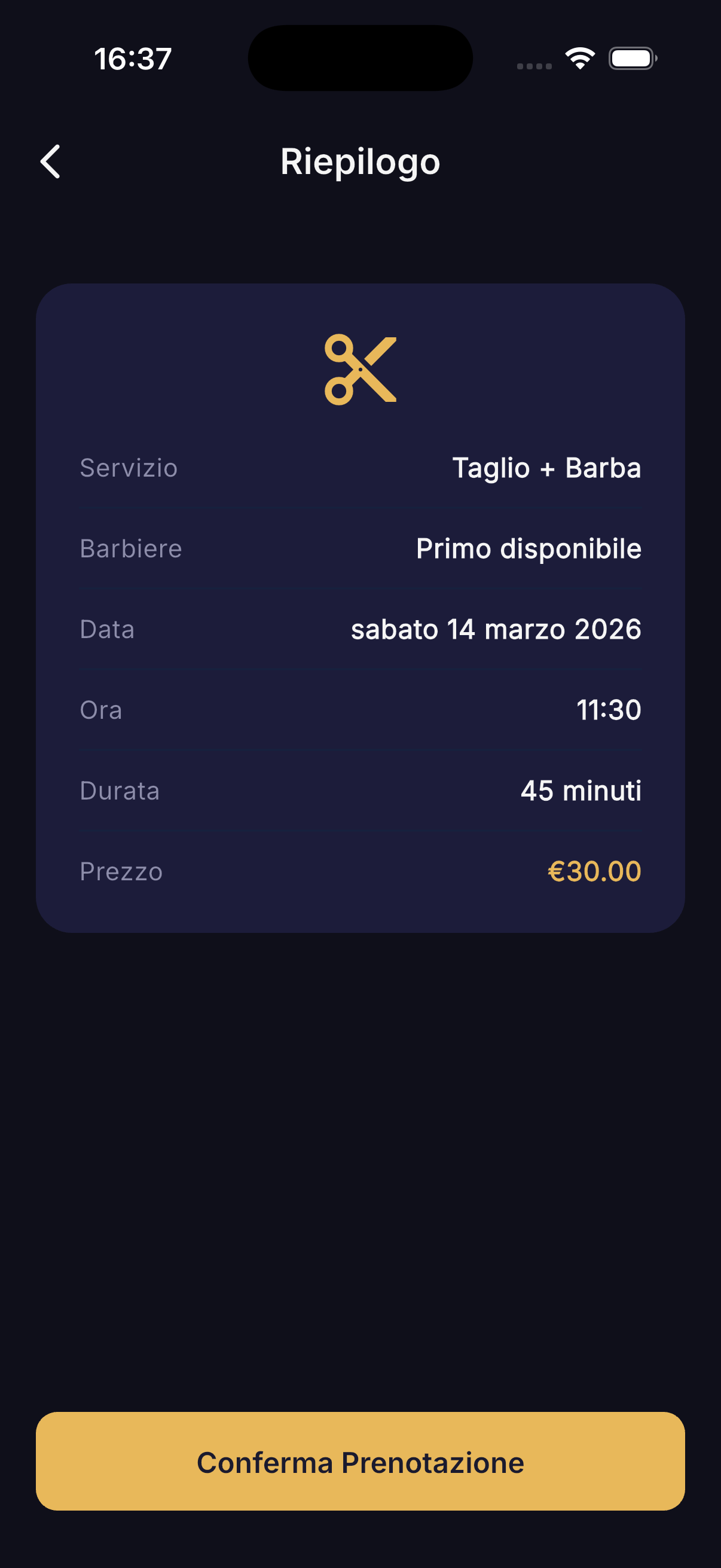 Conferma prenotazione barbiere - riepilogo servizio data e ora
