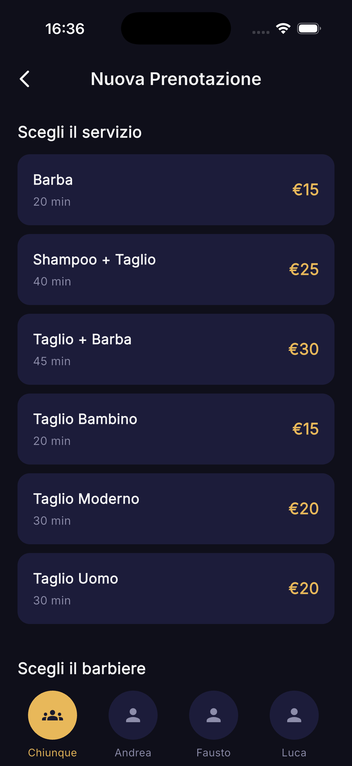 Listino prezzi barbiere - tagli, barba e servizi con durata